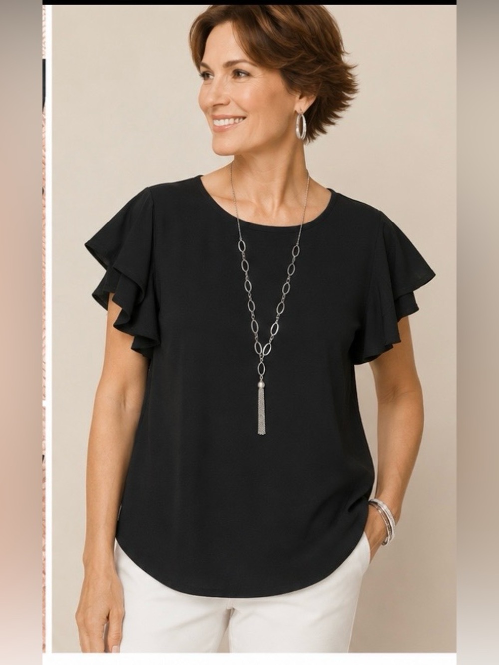 Chico’s Black Ruffle Sleeve Blouse Size 2 Flowy Dressy Top